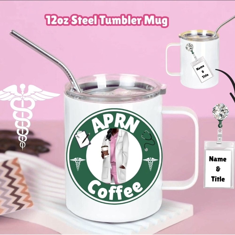 White and Green APRN Coffee Tumbler Mug. Can Add Name & Title.